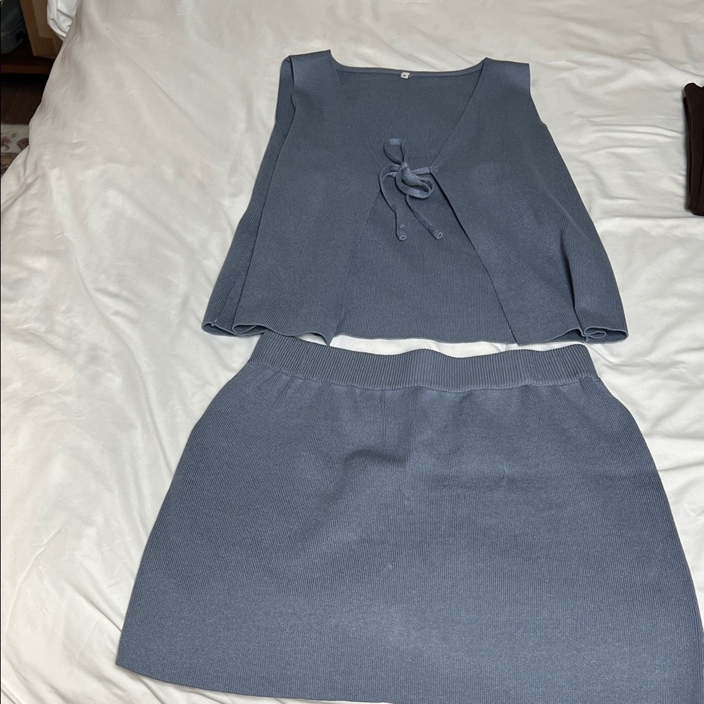 Classic Knit Two-Piece Skirt Set in Slate Blue